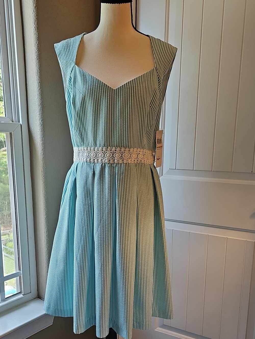 Sweetheart Neckline Turquoise Blue Striped Midi Dress with Crochet Waist